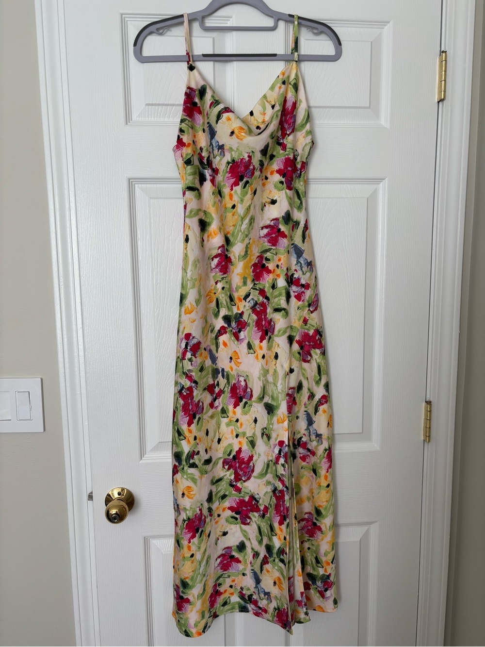 Cream Floral Midi Slip Dress with Pink & Green Print